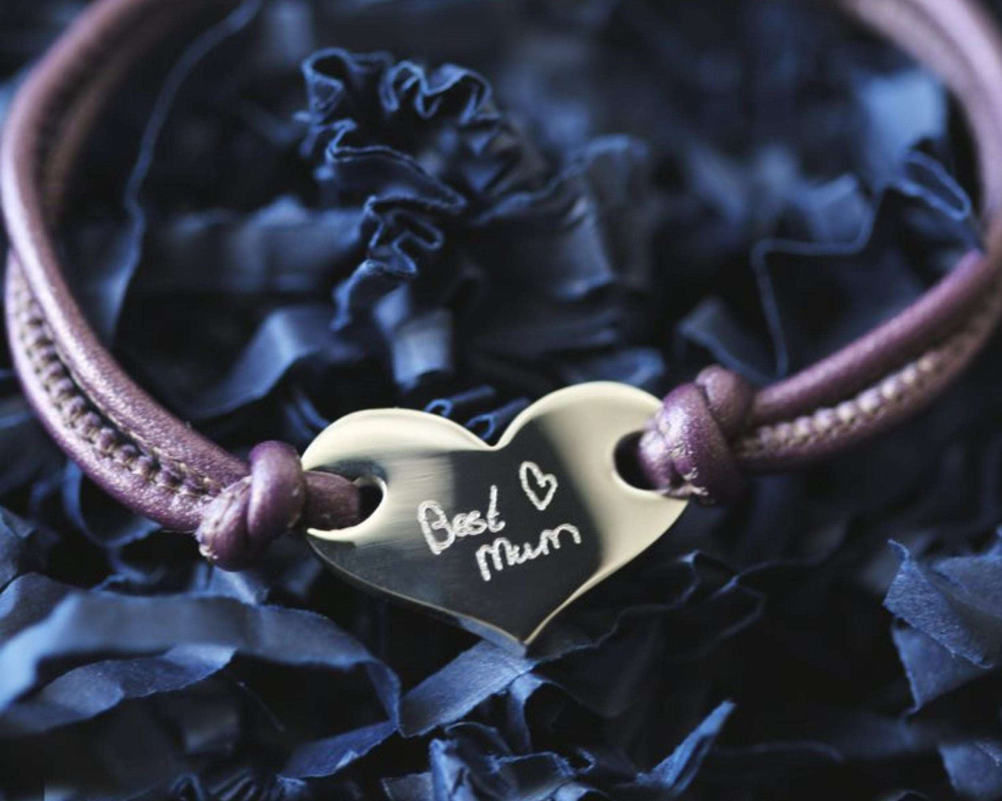 Hearts Forever Leather Bracelet- Own Handwriting Bracelet engraved with your message by Wedding Charm Gifts