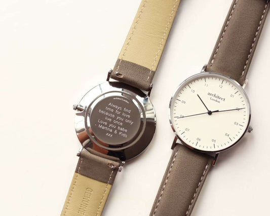 Men's Architect Zephyr with Urban Grey Leather Strap- Modern Font Watch engraved with your message by WeddingCharmGifts