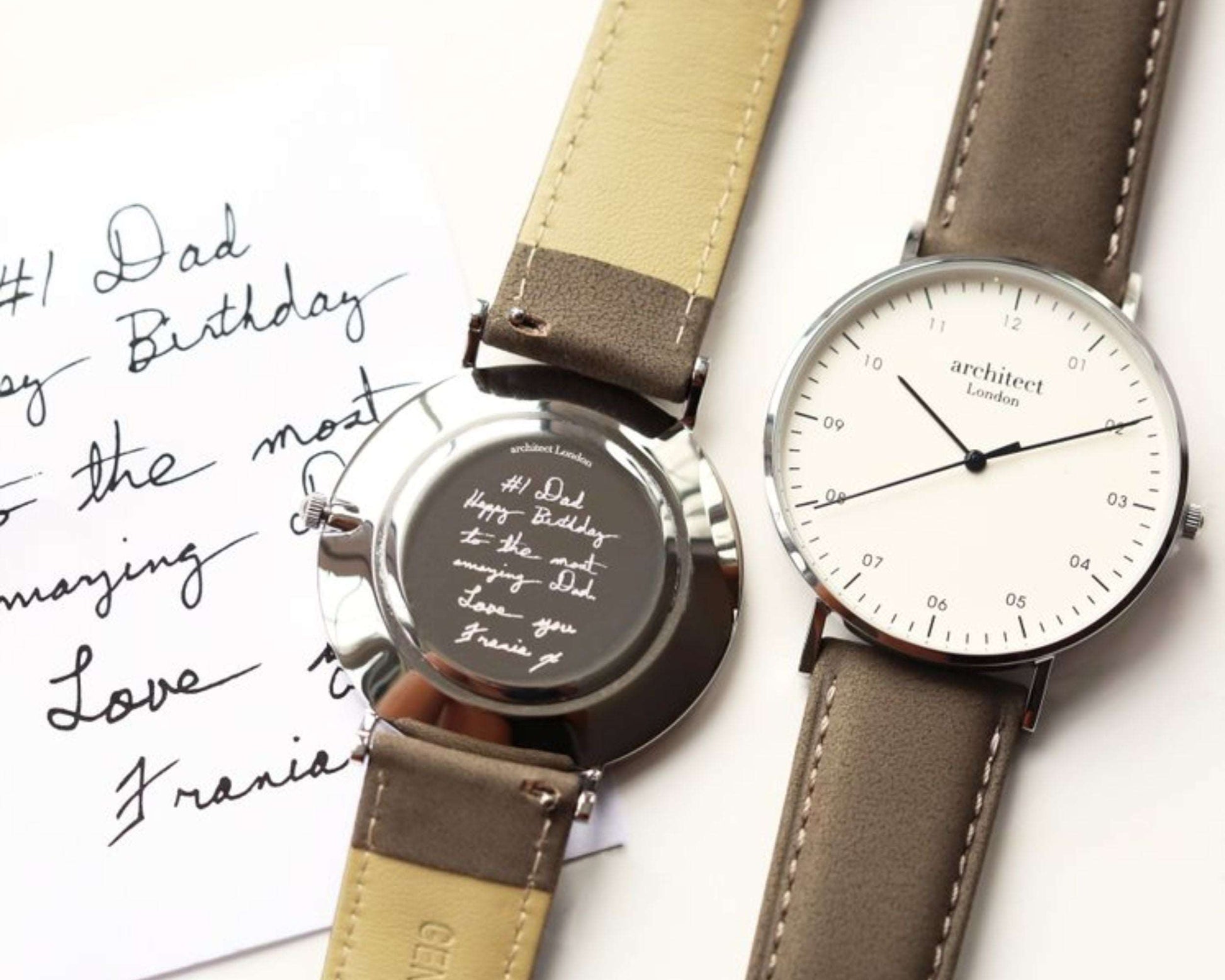 Men's Architect Zephyr with Urban Grey Leather Strap- Own Handwriting Watch engraved with your message by WeddingCharmGifts