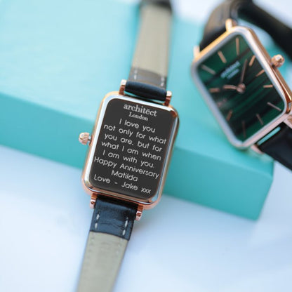 Women's Lillie in Pine Green- Modern Font Watch engraved with your message by WeddingCharmGifts