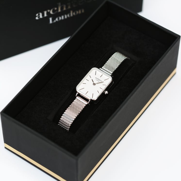 Women's Lillie in Silver Mesh- Modern Font Watch engraved with your message by WeddingCharmGifts