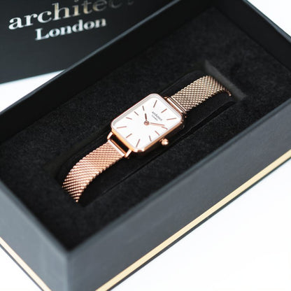 Women's Lillie in Rose Gold Mesh- Modern Font Watch engraved with your message by WeddingCharmGifts