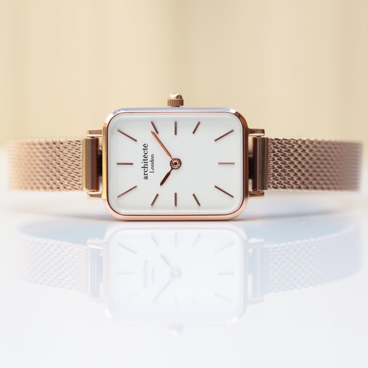 Women's Lillie in Rose Gold Mesh- Modern Font Watch engraved with your message by WeddingCharmGifts