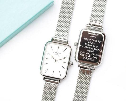 Women's Lillie in Silver Mesh- Modern Font Watch engraved with your message by WeddingCharmGifts