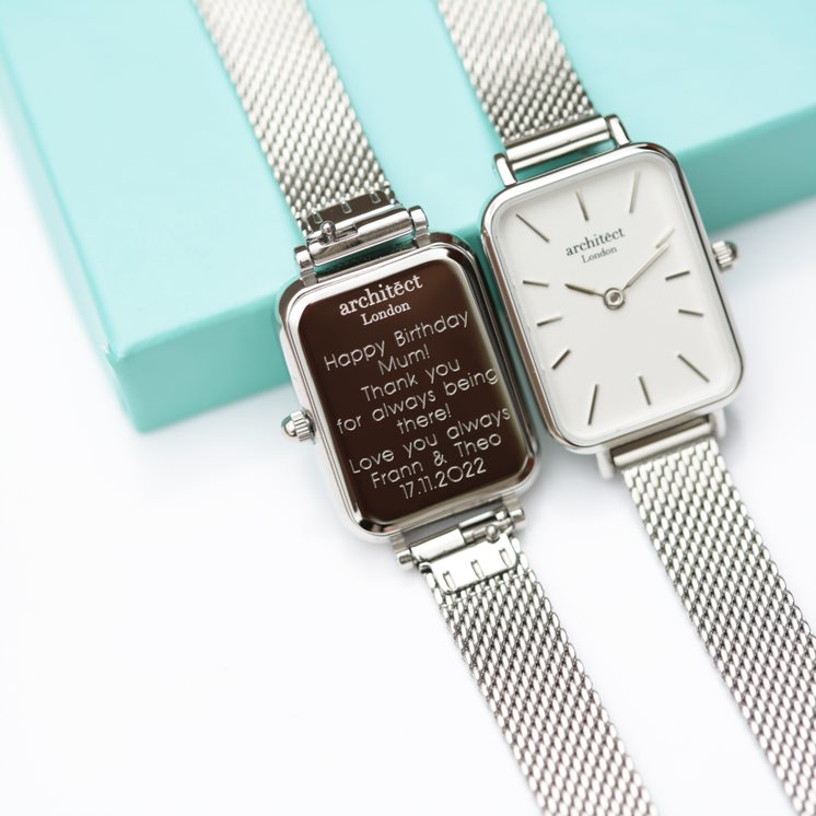 Women's Lillie in Silver Mesh- Modern Font Watch engraved with your message by WeddingCharmGifts