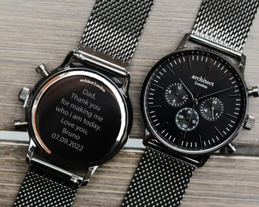 Men's Motivator Black Face with Black Mesh Strap- Modern Font Watch engraved with your message by WeddingCharmGifts