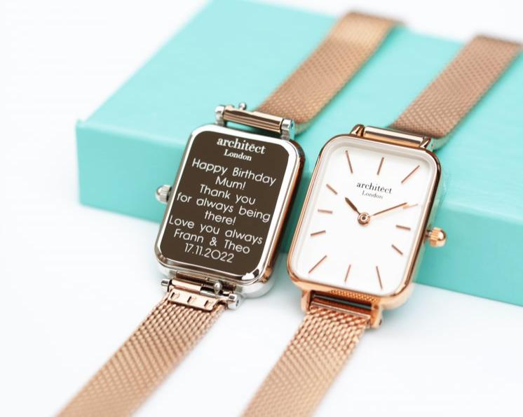 Women's Lillie in Rose Gold Mesh- Modern Font Watch engraved with your message by WeddingCharmGifts