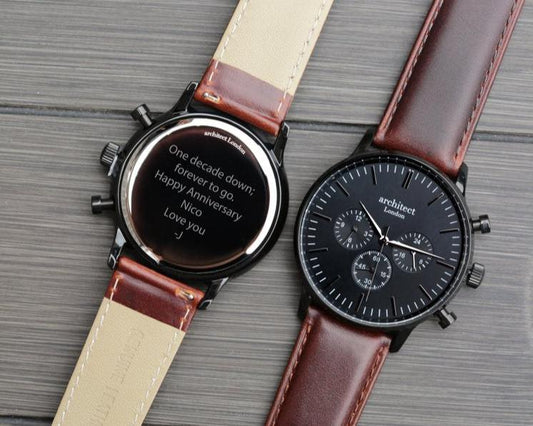 Men's Motivator Black Face with Walnut Leather Strap- Modern Font Watch engraved with your message by WeddingCharmGifts