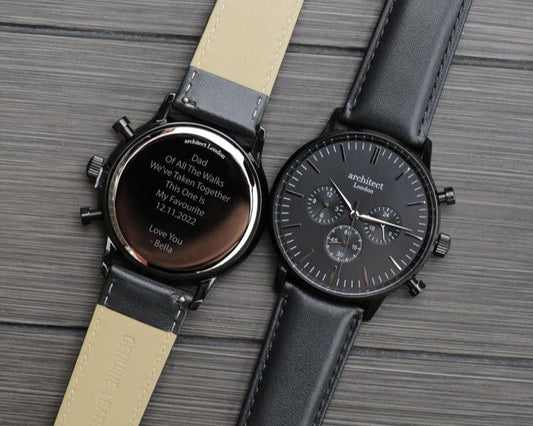 Men's Motivator Black Face with Black Leather Strap- Modern Font Watch engraved with your message by WeddingCharmGifts