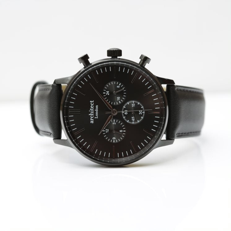 Men's Motivator Black Face with Black Leather Strap- Modern Font Watch engraved with your message by WeddingCharmGifts