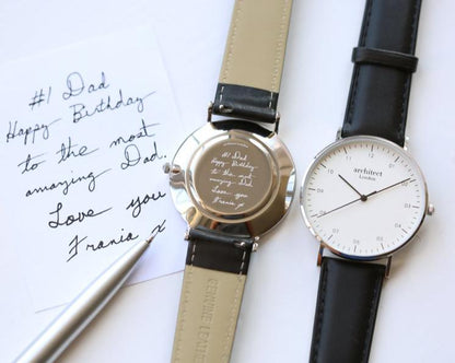 Men's Architect Zephyr with Black Leather Strap- Own Handwriting Watch engraved with your message by WeddingCharmGifts