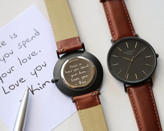 Men's Architect Black Face Zephyr with Walnut Leather Strap- Own Handwriting Watch engraved with your message by WeddingCharmGifts