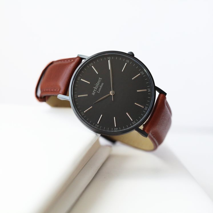 Men's Architect Black Face Zephyr with Walnut Leather Strap- Modern Font Watch engraved with your message by WeddingCharmGifts