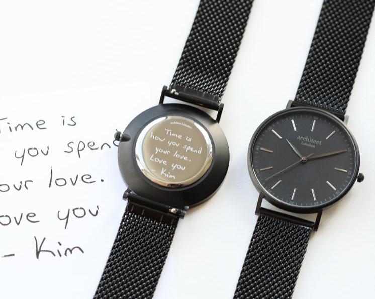 Men's Architect Black Face Zephyr with Black Mesh Strap- Own Handwriting engraved with your message by WeddingCharmGifts