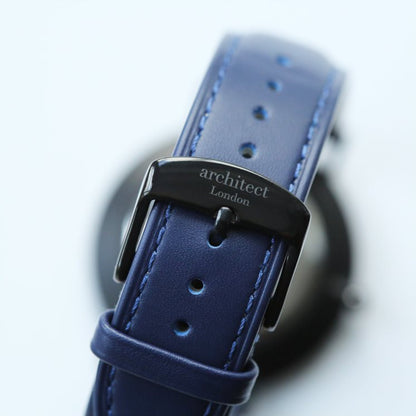 Men's Architect Black Face Zephyr with Admiral Blue Strap- Modern Font Watch engraved with your message by WeddingCharmGifts