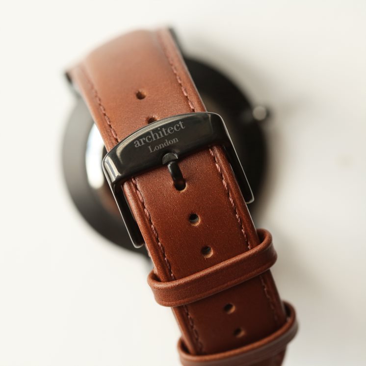 Men's Architect Black Face Zephyr with Walnut Leather Strap- Modern Font Watch engraved with your message by WeddingCharmGifts