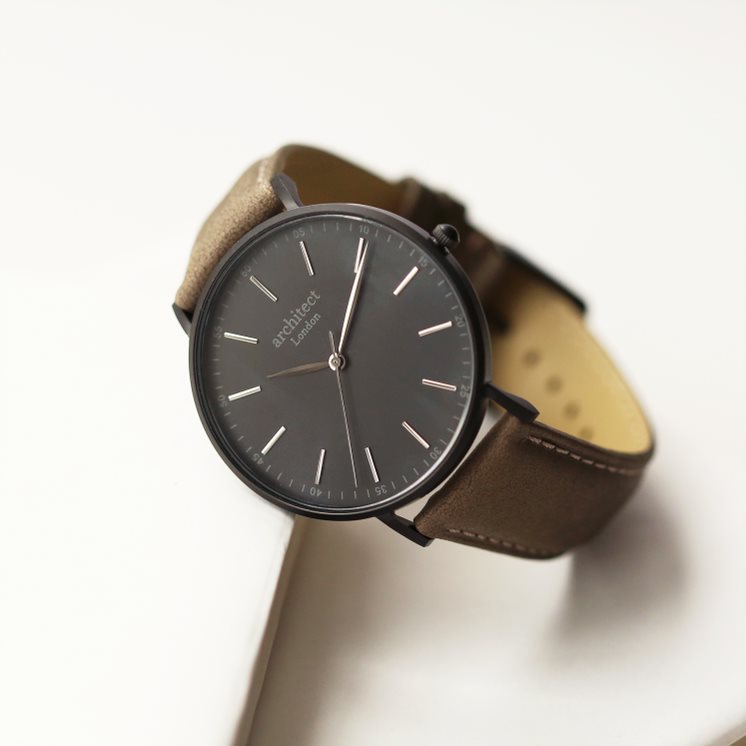 Men's Architect Black Face Zephyr with Urban Grey Strap- Modern Font Watch engraved with your message by WeddingCharmGifts