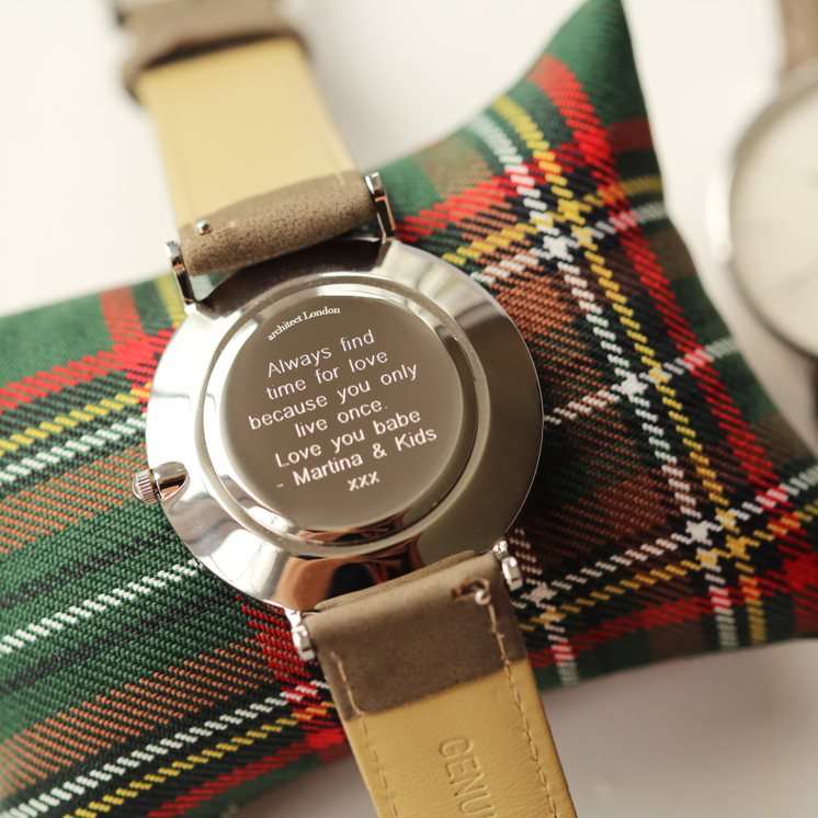 Men's Architect Zephyr with Urban Grey Leather Strap- Modern Font Watch engraved with your message by WeddingCharmGifts