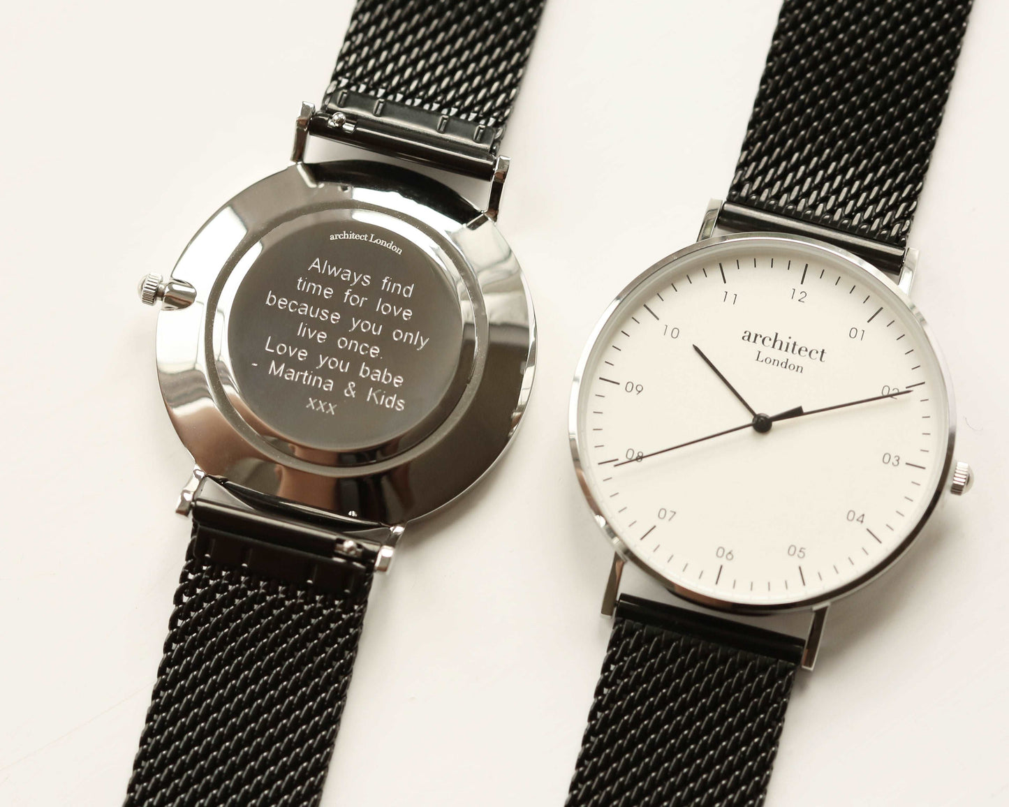 Men's Architect Zephyr with Black Mesh Strap- Modern Font Watch engraved with your message by WeddingCharmGifts