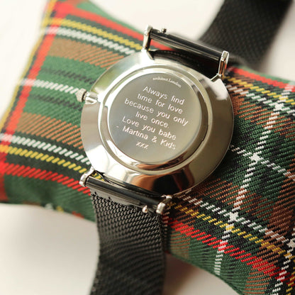 Men's Architect Zephyr with Black Mesh Strap- Modern Font Watch engraved with your message by WeddingCharmGifts