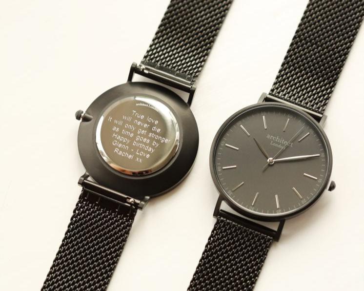 Men's Architect Black Face Zephyr with Black Mesh Strap- Modern Font Watch engraved with your message by WeddingCharmGifts