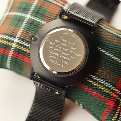 Men's Architect Black Face Zephyr with Black Mesh Strap- Modern Font Watch engraved with your message by WeddingCharmGifts