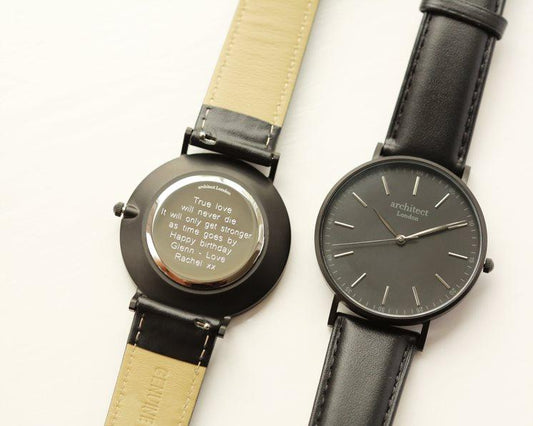 Men's Architect Black Face Zephyr with Black Leather Strap- Modern Font Watch engraved with your message by WeddingCharmGifts