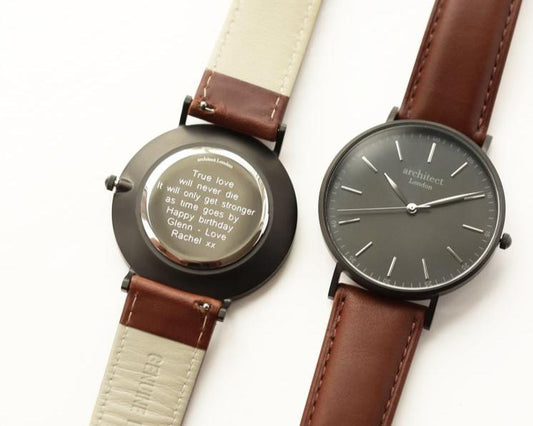 Men's Architect Black Face Zephyr with Walnut Leather Strap- Modern Font Watch engraved with your message by WeddingCharmGifts