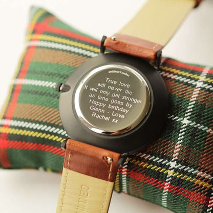 Men's Architect Black Face Zephyr with Walnut Leather Strap- Modern Font Watch engraved with your message by WeddingCharmGifts