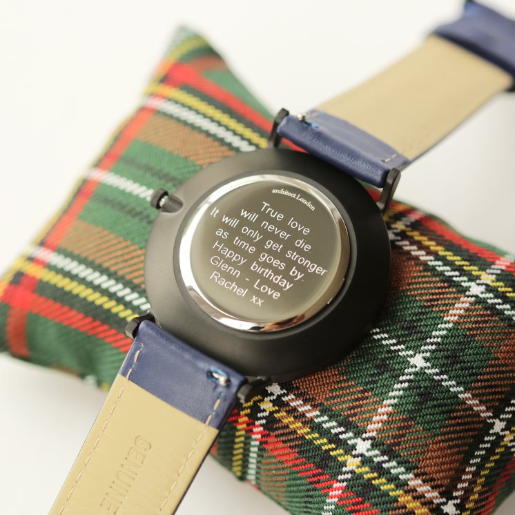 Men's Architect Black Face Zephyr with Admiral Blue Strap- Modern Font Watch engraved with your message by WeddingCharmGifts