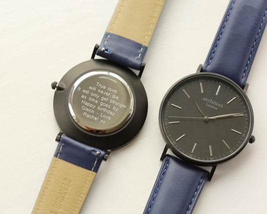 Men's Architect Black Face Zephyr with Admiral Blue Strap- Modern Font Watch engraved with your message by WeddingCharmGifts