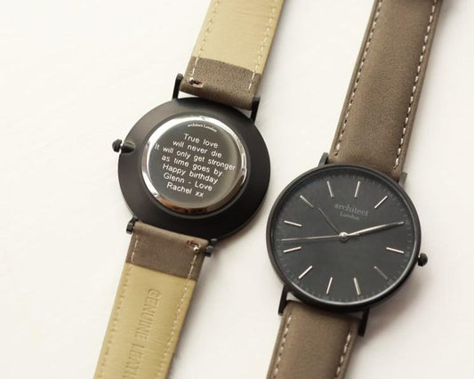 Men's Architect Black Face Zephyr with Urban Grey Strap- Modern Font Watch engraved with your message by WeddingCharmGifts