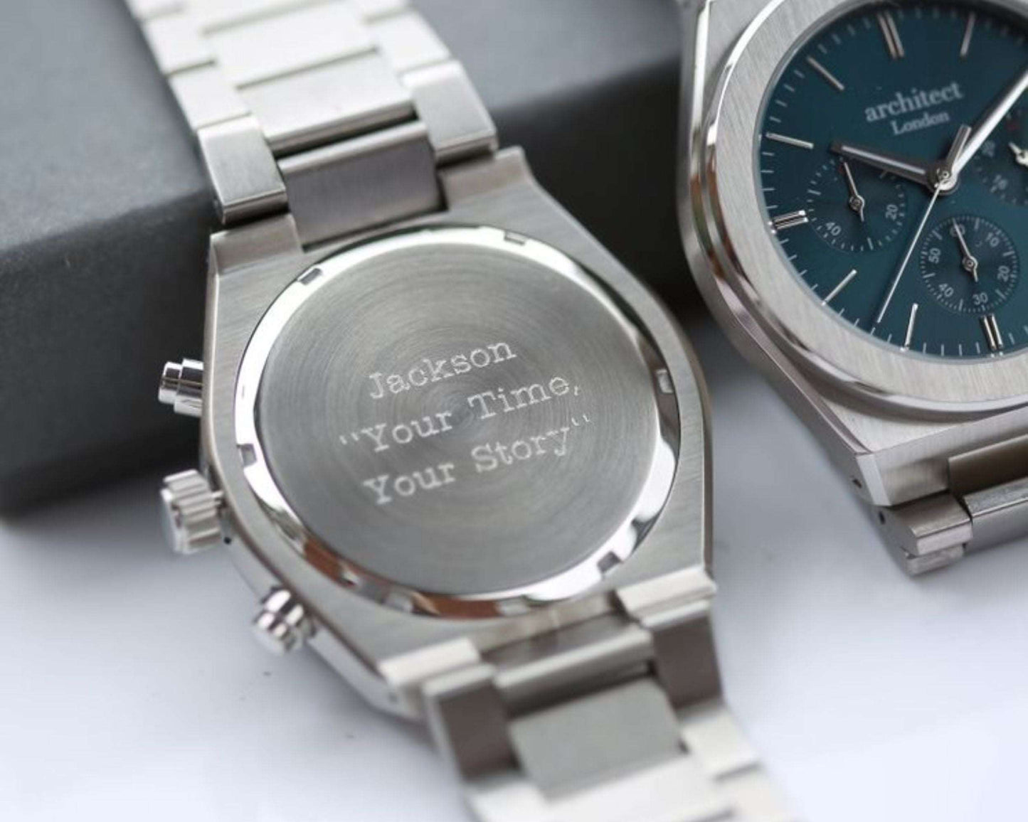 Men's Apollo with Orbix Blue Face - Modern Font Watch engraved with your message by WeddingCharmGifts