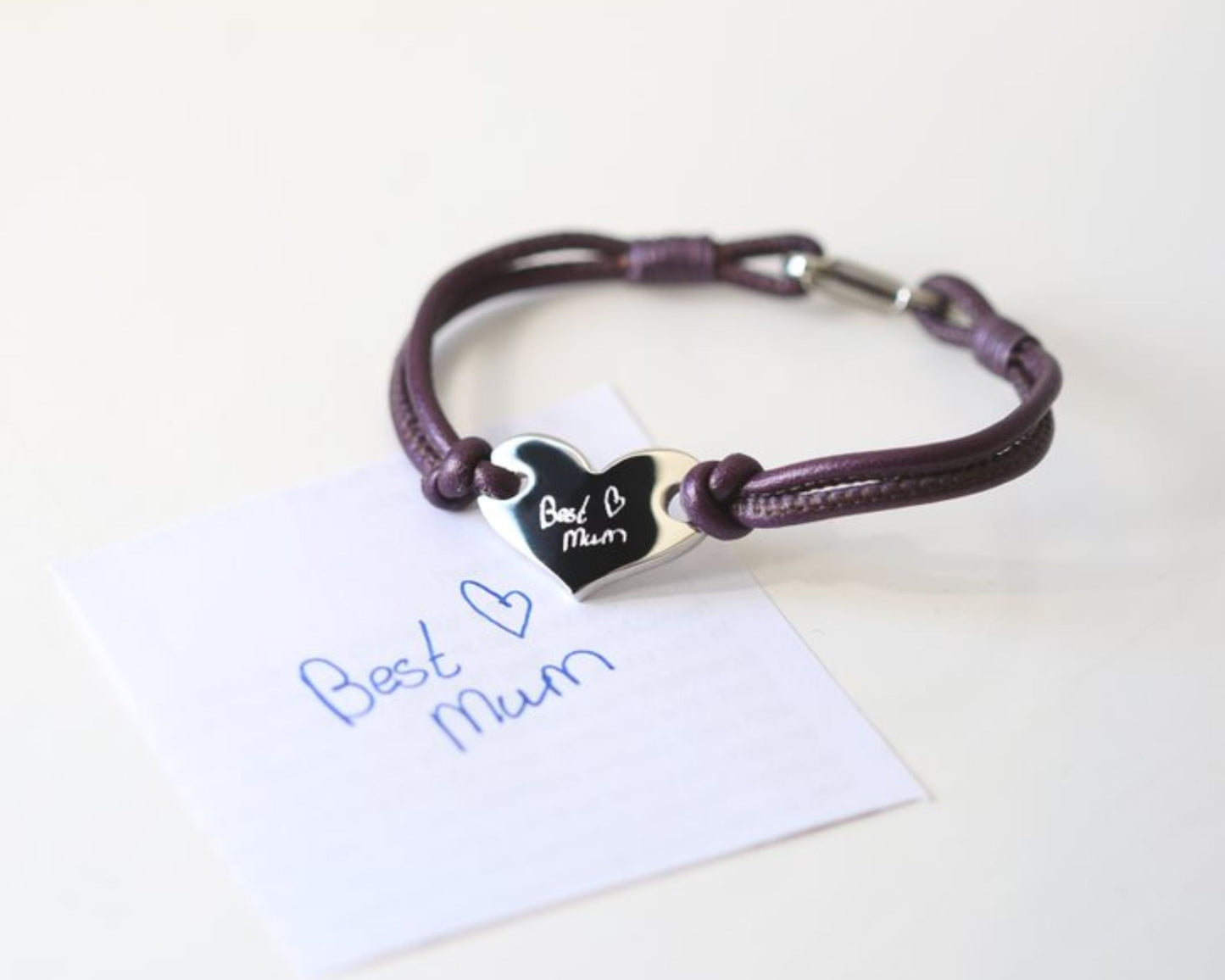 Hearts Forever Leather Bracelet- Own Handwriting Bracelet engraved with your message by Wedding Charm Gifts