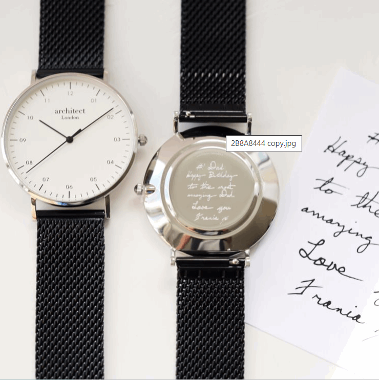 Men's Architect Zephyr with Black Mesh Strap- Own Handwriting Watch engraved with your message by WeddingCharmGifts