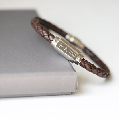 Brown Twisted Leather Bracelet- Own Handwriting Bracelet engraved with your message by Wedding Charm Gifts