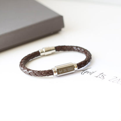 Brown Twisted Leather Bracelet- Own Handwriting Bracelet engraved with your message by Wedding Charm Gifts