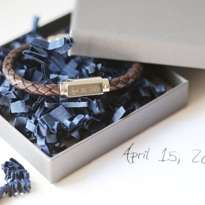 Brown Twisted Leather Bracelet- Own Handwriting Bracelet engraved with your message by Wedding Charm Gifts