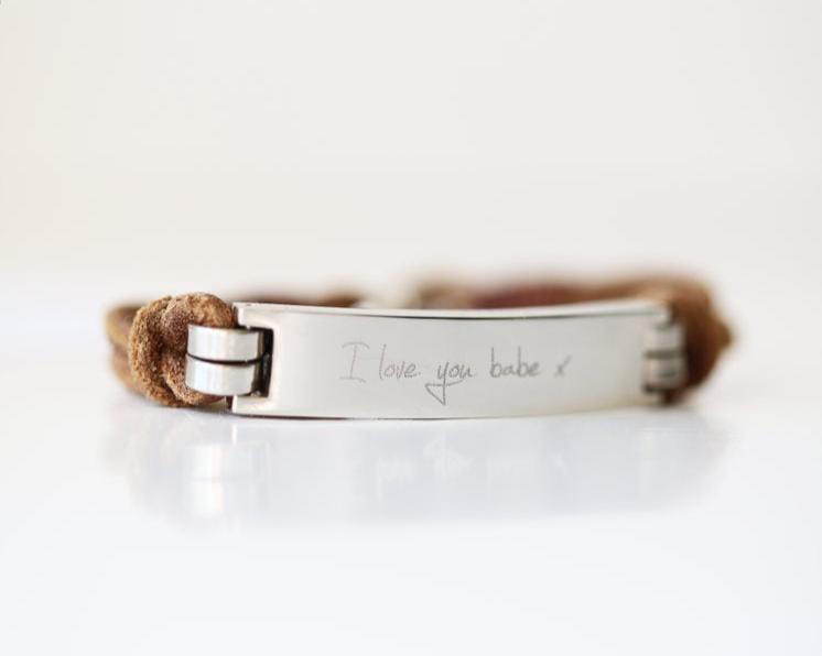 Leather Tan Bracelet- Own Handwriting Bracelet engraved with your message by Wedding Charm Gifts