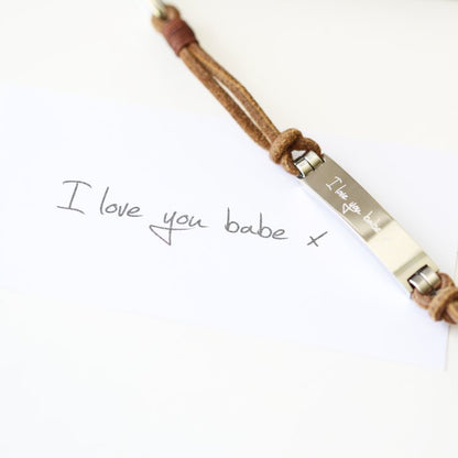 Leather Tan Bracelet- Own Handwriting Bracelet engraved with your message by Wedding Charm Gifts