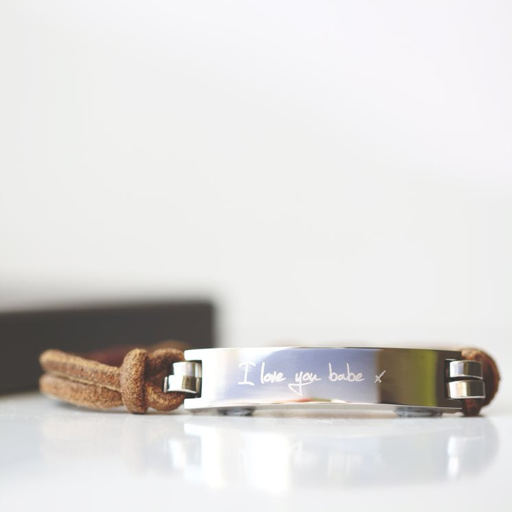 Leather Tan Bracelet- Own Handwriting Bracelet engraved with your message by Wedding Charm Gifts