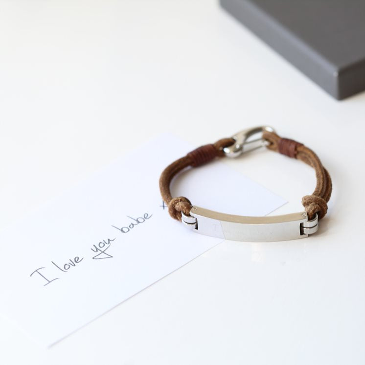 Leather Tan Bracelet- Own Handwriting Bracelet engraved with your message by Wedding Charm Gifts