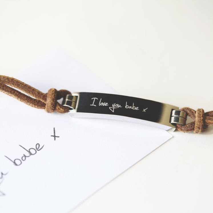 Leather Tan Bracelet- Own Handwriting Bracelet engraved with your message by Wedding Charm Gifts