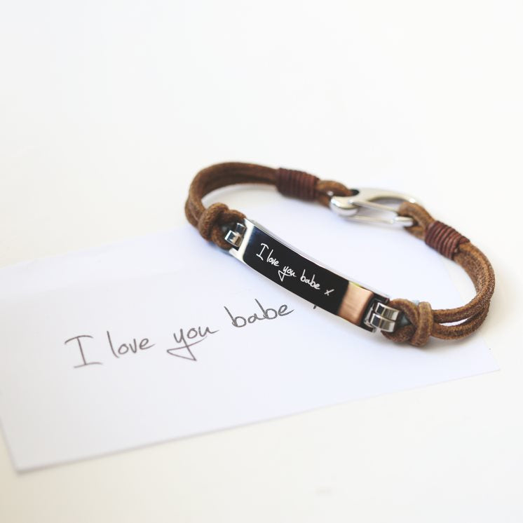 Leather Tan Bracelet- Own Handwriting Bracelet engraved with your message by Wedding Charm Gifts