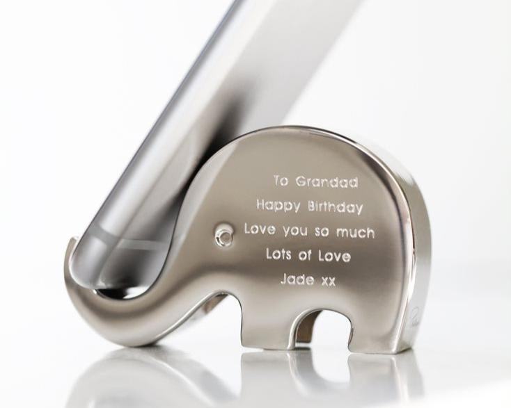 Elephant Phone Holder- Modern Font Phone Stand engraved with your message by Wedding Charm Gifts