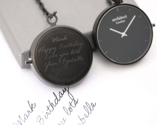 Modern Pocket Watch in Black- Own Handwriting Pocket Watch engraved with your message by WeddingCharmGifts