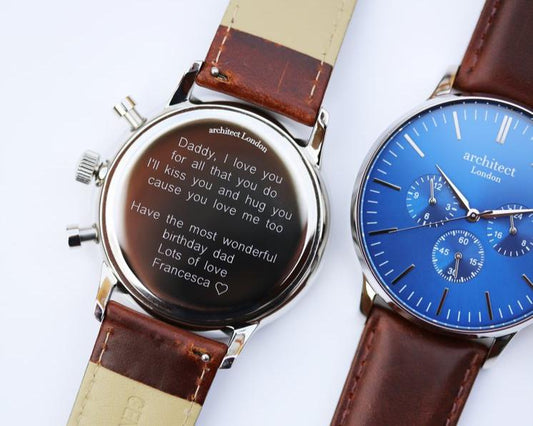 Men's Motivator Blue Face with Walnut Leather Strap- Modern Font Watch engraved with your message by WeddingCharmGifts