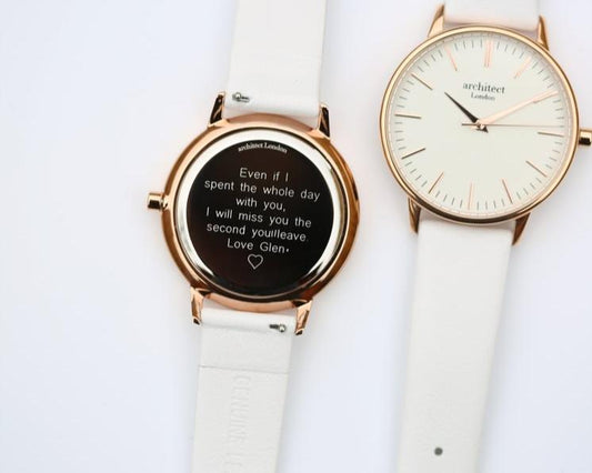 Ladies Blanc with White Strap- Modern Font Watch engraved with your message by WeddingCharmGifts