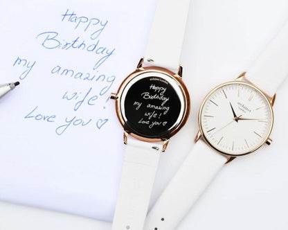 Ladies Blanc with White Strap- Own Handwriting Watch engraved with your message by WeddingCharmGifts