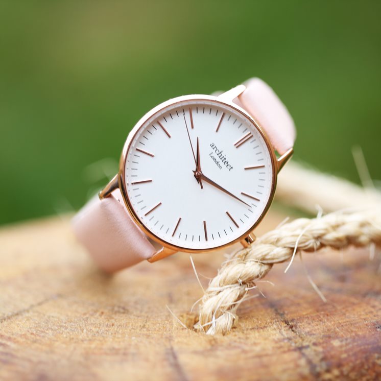 Ladies Blanc with Pink Strap- Modern Font Watch engraved with your message by WeddingCharmGifts